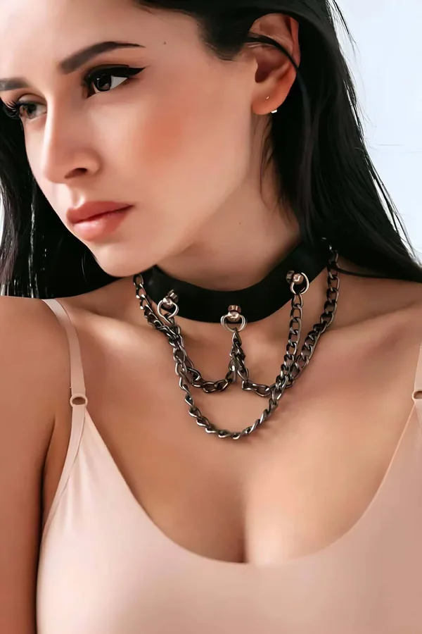 Choker e collana girocollo in similpelle all'ingrosso, Layered Chain Black Faux Leather Choker